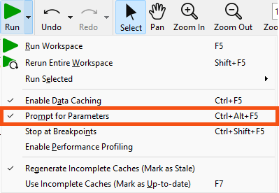 Prompt for Parameters setting in the Run menu